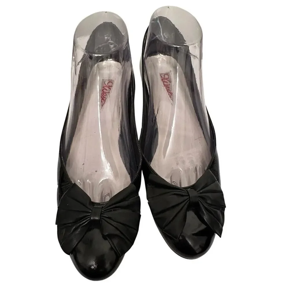 Vintage Nine West Black Patent Bow Wedge Heels Size 9N Retro‎